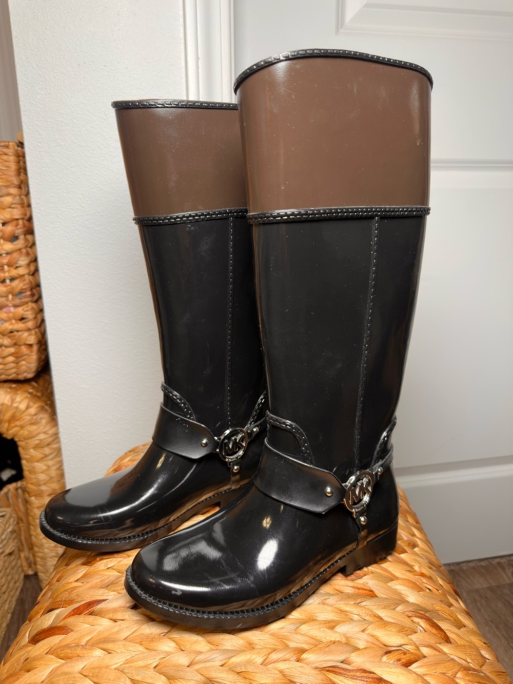 Michael Kors Two-Tone Black and Brown Tall Rain Boots